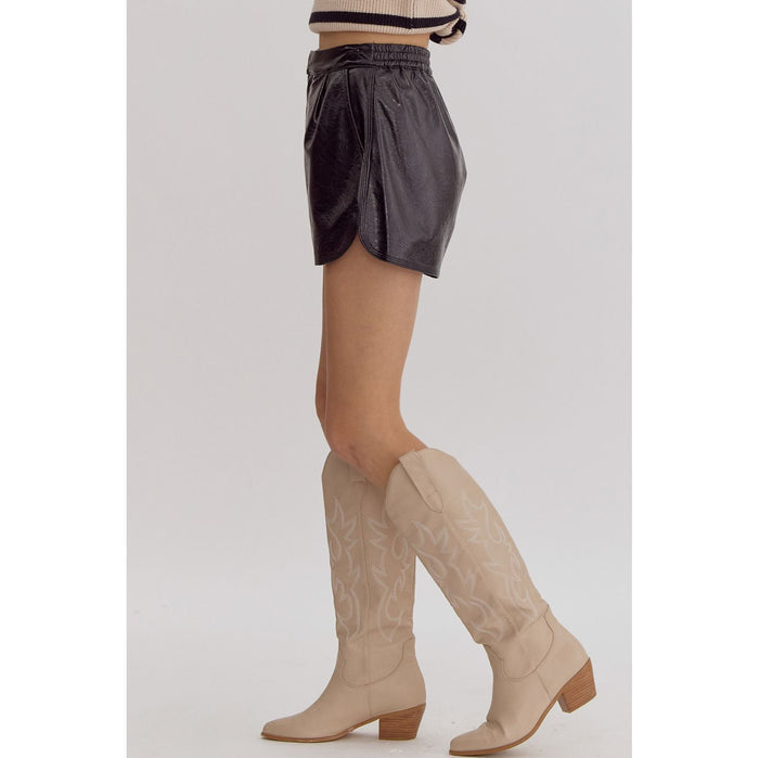 ENTRO -  Metallic Texture, High Waisted Shorts w Pockets 1952 - Black