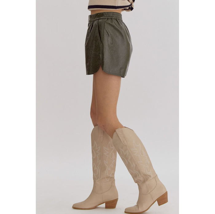 Entro - Metallic Texture, High Waisted Shorts w Pockets 1952 - Olive