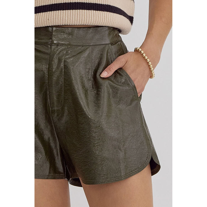 Entro - Metallic Texture, High Waisted Shorts w Pockets 1952 - Olive
