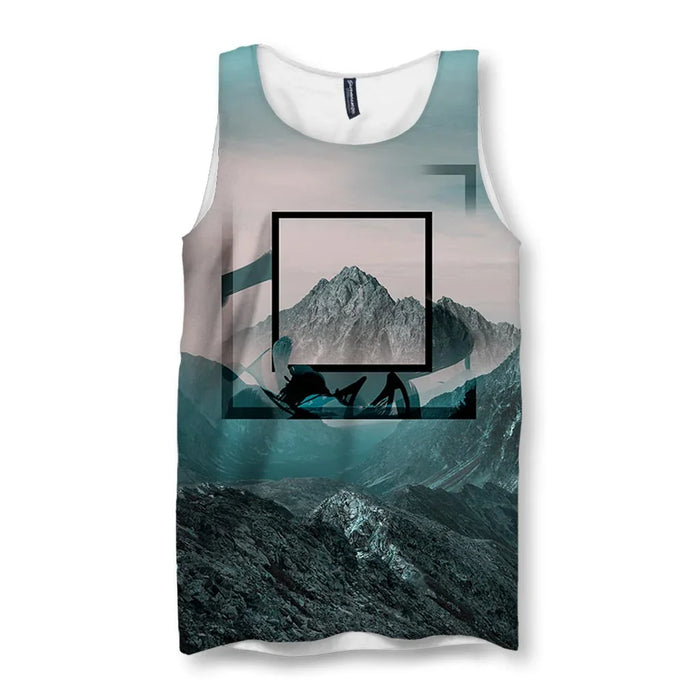 A photorealistic mountain landscape dominates the design, rising from jagged obsidian rocks through swirling glacial turquoise mists to a snow-dusted peak. Contact us with accessibility feedback, we'd love to help!
