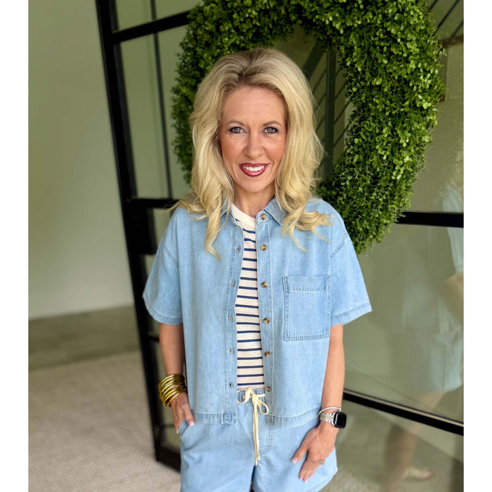 Everyday Ultra Soft Denim Button Down Top – Light Wash (Pairs with Seaway Shorts)