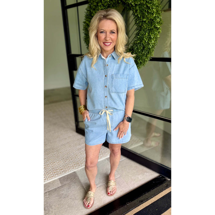 Everyday Ultra Soft Denim Button Down Top – Light Wash (Pairs with Seaway Shorts)