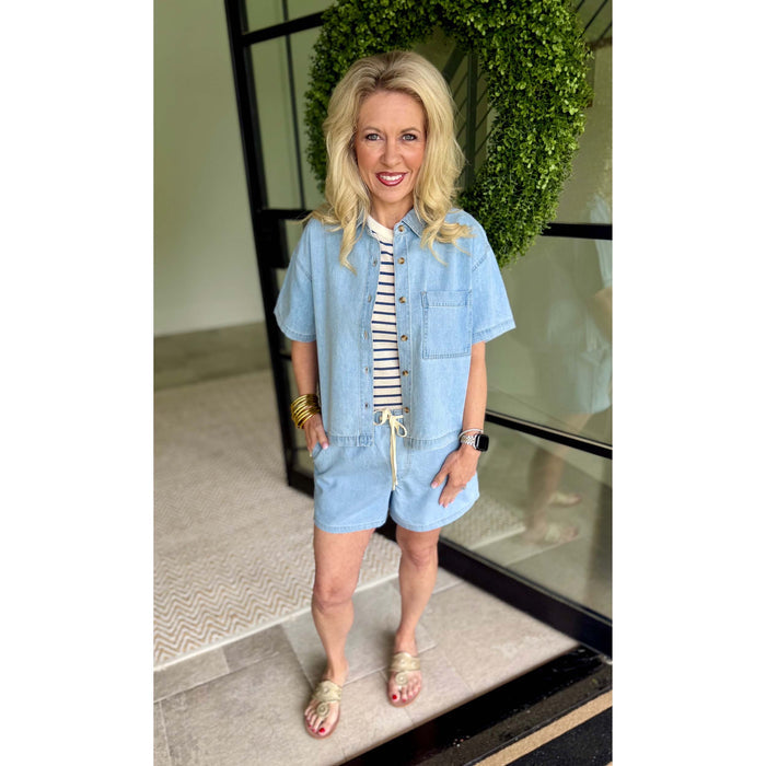 Everyday Ultra Soft Denim Button Down Top – Light Wash (Pairs with Seaway Shorts)