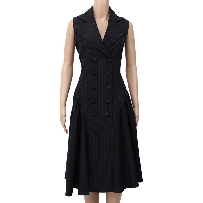 women’s pinstripe dress, sleeveless tailored midi dress, black formal dress for work, FabroSanz structured dress, double-breasted fashion dress, elegant businesswear, power dressing South Africa, tailored women’s clothing