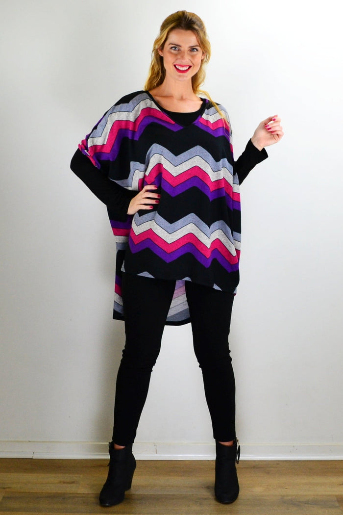 La Mode Fabulous Fleece Zig Zag knit tunic top with colorful zig zag pattern, long sleeves, and relaxed fit.