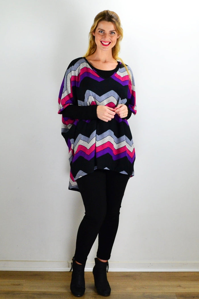 La Mode Fabulous Fleece Zig Zag knit tunic top with multicolored zigzag pattern and cozy fleece fabric, front view.