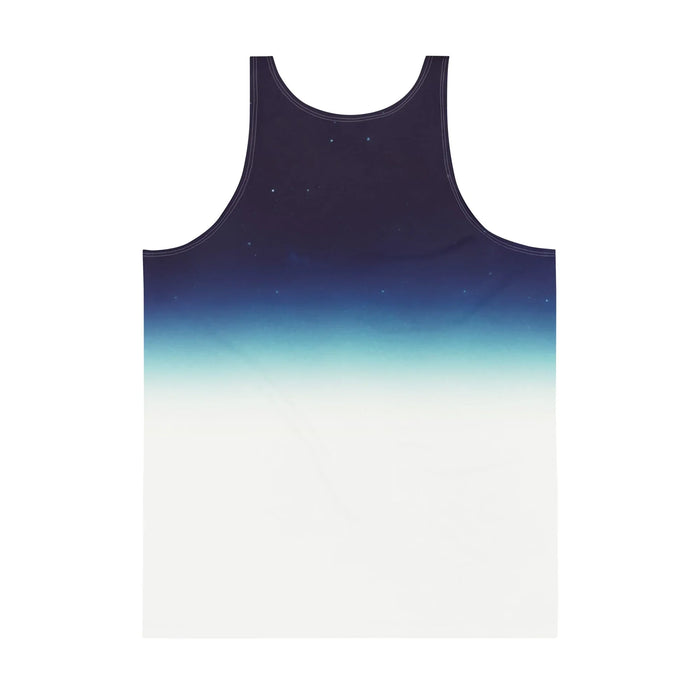 Falling Astronaut Men's Tank - The "Blue Marble" vertical gradient shift from midnight indigo (#1A1626) to stratospheric azure (#2E6F9E) to blinding cloud white (#FFFFFF), centered around the obsidian-black (#000000) reflective visor.