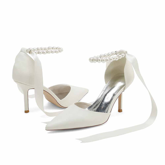 Faux Leather Pearl Lace-up Ankle Strap Pumps White Party Heel Shoes