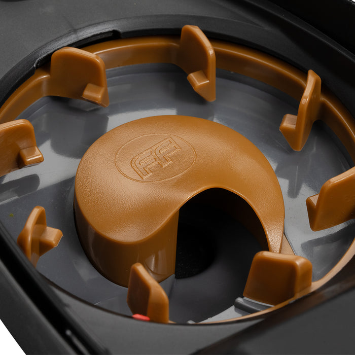 DYE Feed Kit Rotor FF Funnel Brown-gre paintball loader – rear / underside view