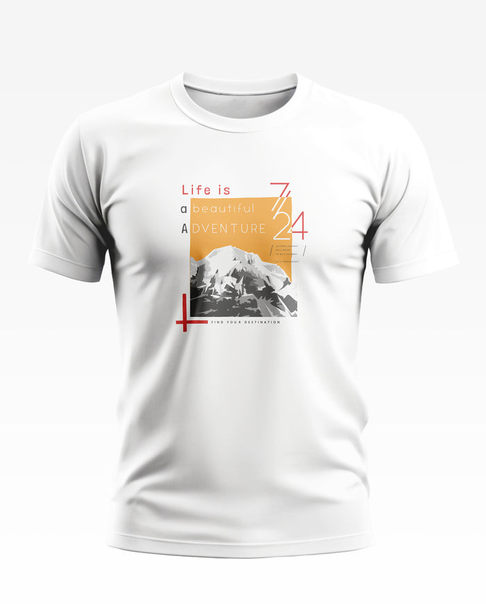 White men's t-shirt with mountain graphic and 'Life is a beautiful adventure' text print