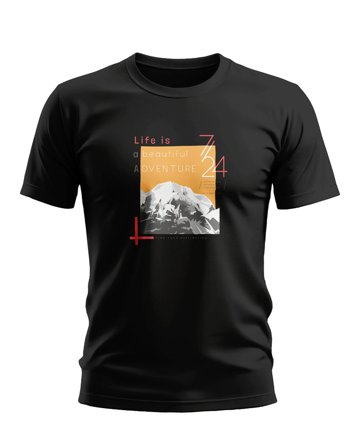 Black men's graphic t-shirt with mountain print and 'Life is a beautiful adventure' text