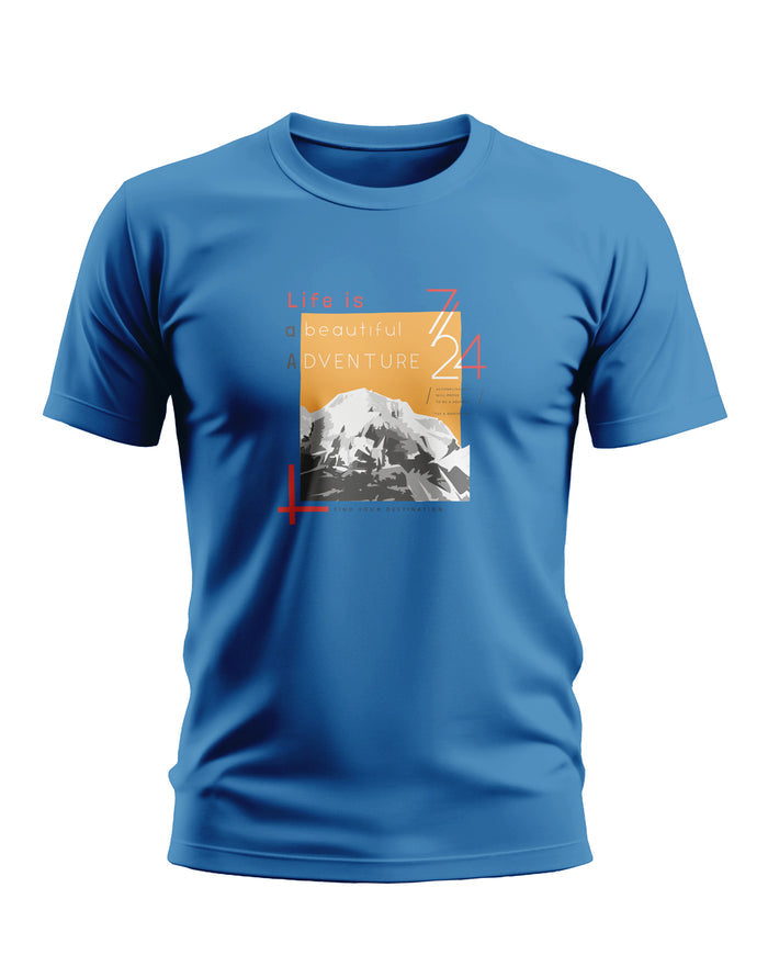 Blue men's graphic t-shirt with mountain print and adventure text, short sleeves