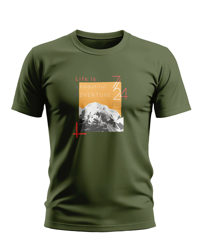 Olive green men's t-shirt with mountain graphic and 'Life is a beautiful adventure' print