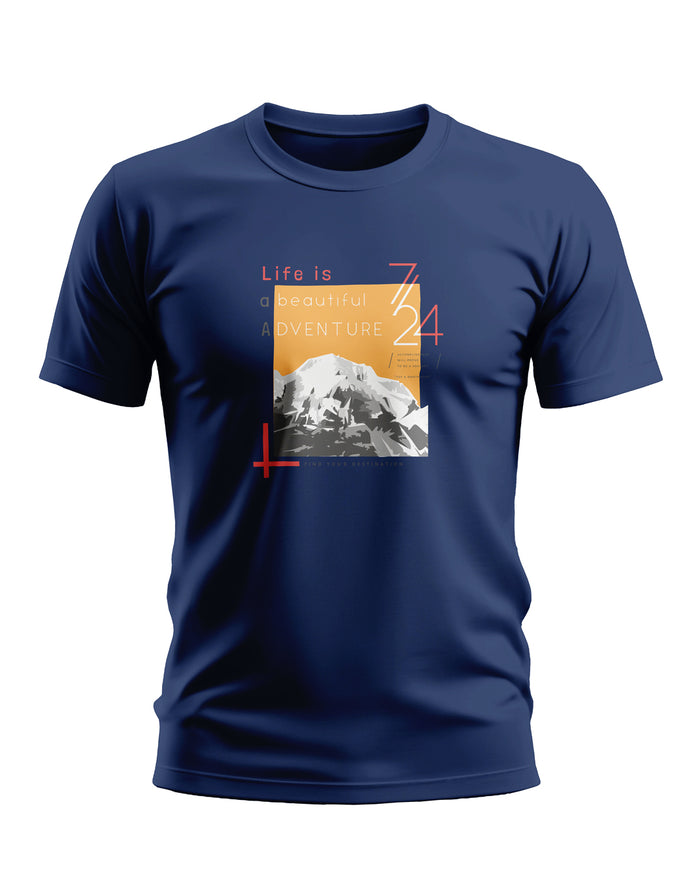 Navy blue men's T-shirt with mountain graphic and 'Life is a beautiful adventure' text.