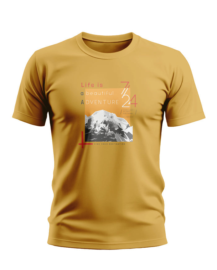 Yellow men's t-shirt with mountain graphic and 'Life is a beautiful adventure' print.