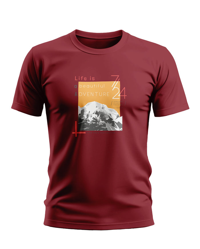 Maroon men's graphic t-shirt with mountain and 'Life is a beautiful adventure' text print