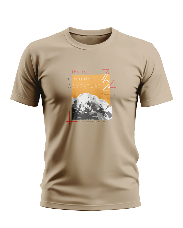 Beige men's t-shirt with graphic mountain print and 'Life is a beautiful adventure' text