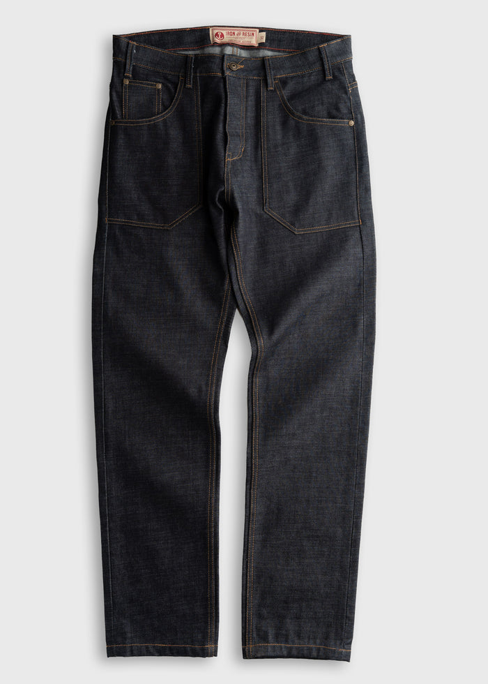 Dark denim jeans with visible stitching, front pockets, and a branded waistband, displayed on a plain background.