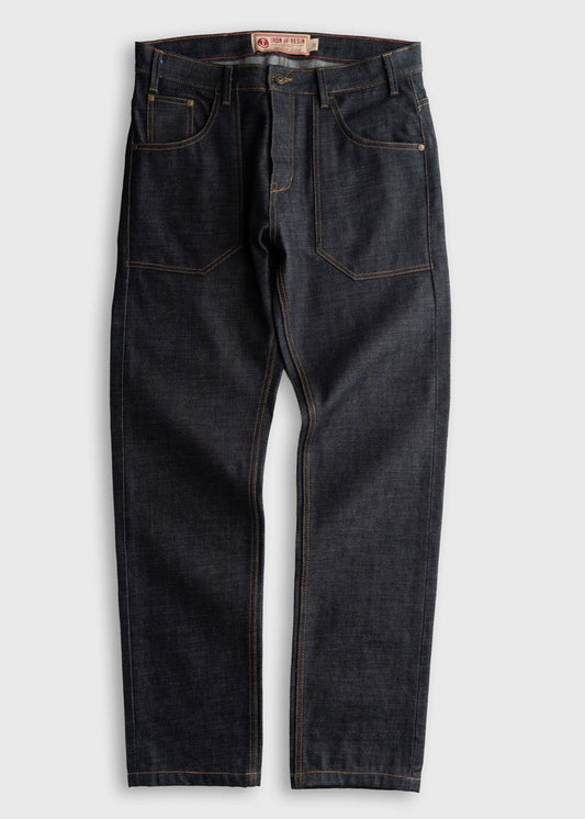 Dark denim jeans with visible stitching, front pockets, and a branded waistband, displayed on a plain background.
