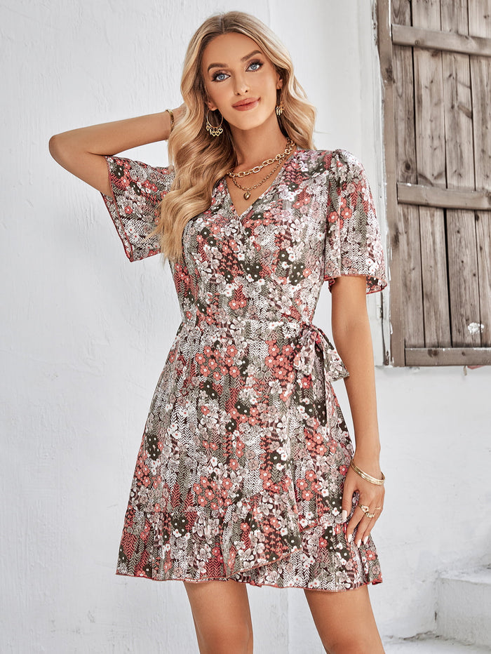 Floral Short Sleeve Ruffle Hem Dress - Madikfashions.com