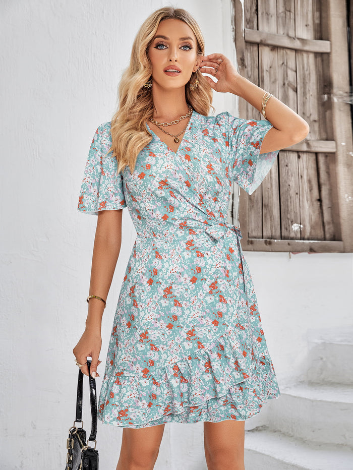 Floral Short Sleeve Ruffle Hem Dress - Madikfashions.com