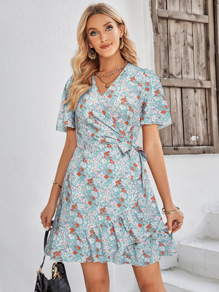 Floral Short Sleeve Ruffle Hem Dress - Madikfashions.com