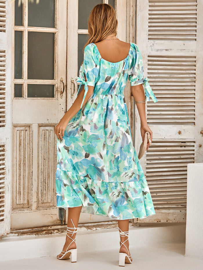 Floral Tie Cuff Surplice Neck Dress - Madikfashions.com