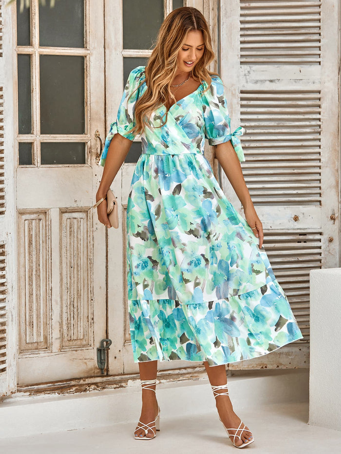 Floral Tie Cuff Surplice Neck Dress - Madikfashions.com