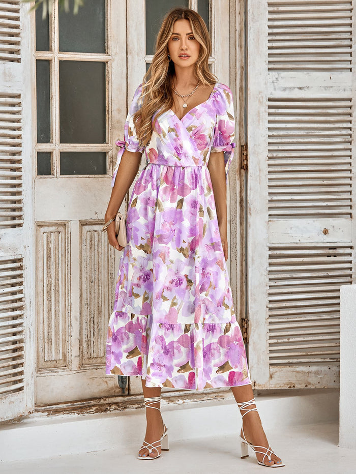 Floral Tie Cuff Surplice Neck Dress - Madikfashions.com