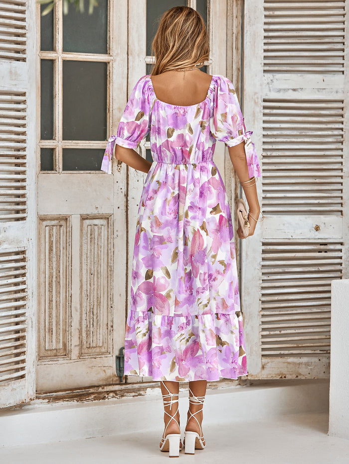 Floral Tie Cuff Surplice Neck Dress - Madikfashions.com