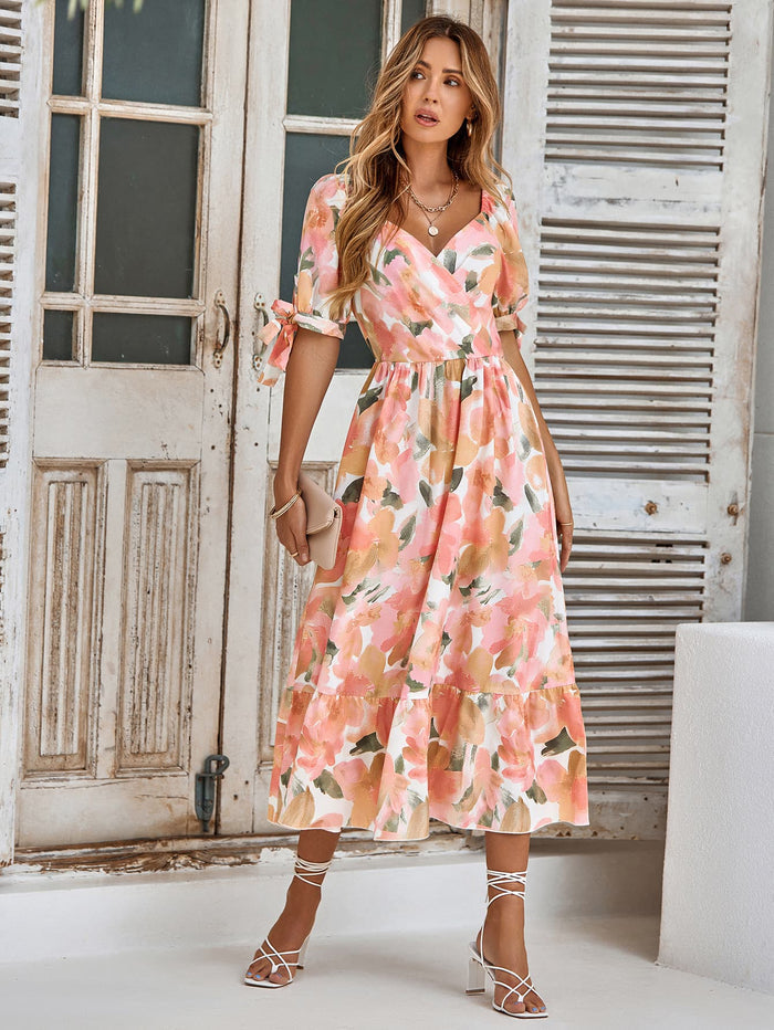 Floral Tie Cuff Surplice Neck Dress - Madikfashions.com