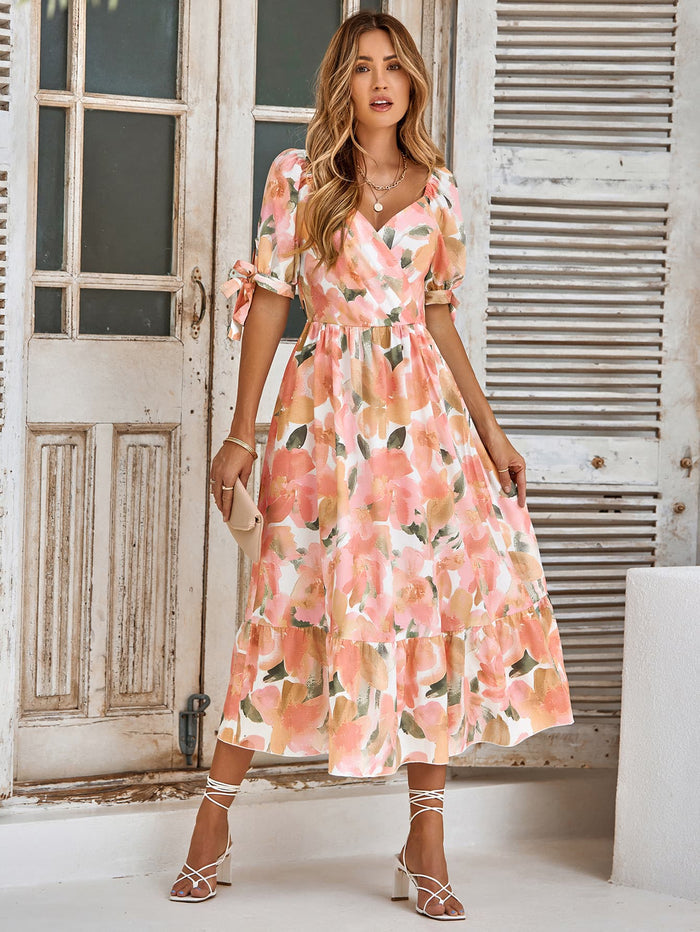 Floral Tie Cuff Surplice Neck Dress - Madikfashions.com