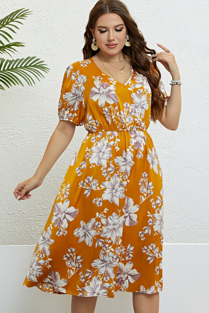 Floral V-Neck Puff Sleeve Dress - Madikfashions.com