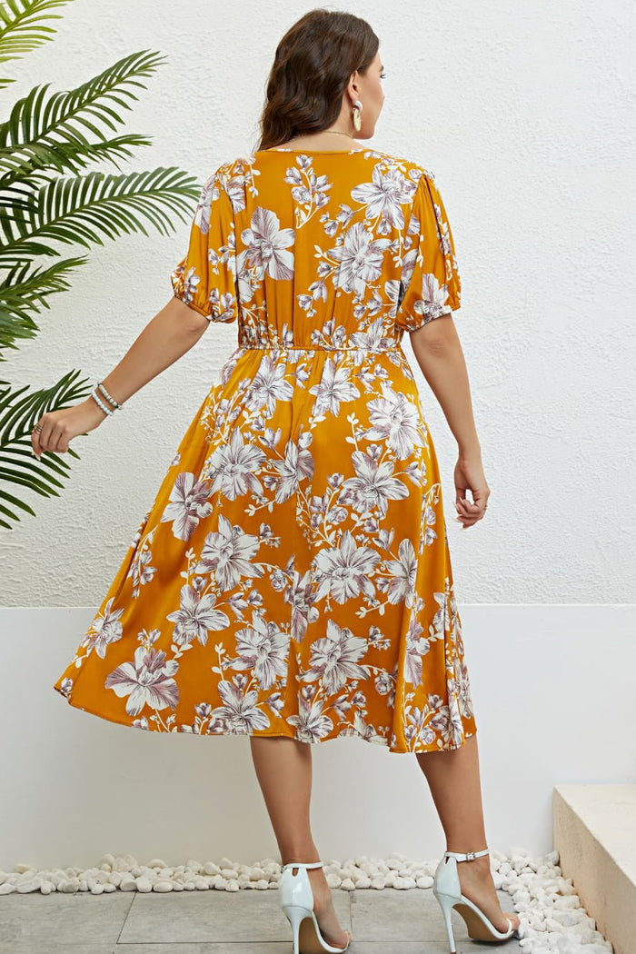 Floral V-Neck Puff Sleeve Dress - Madikfashions.com