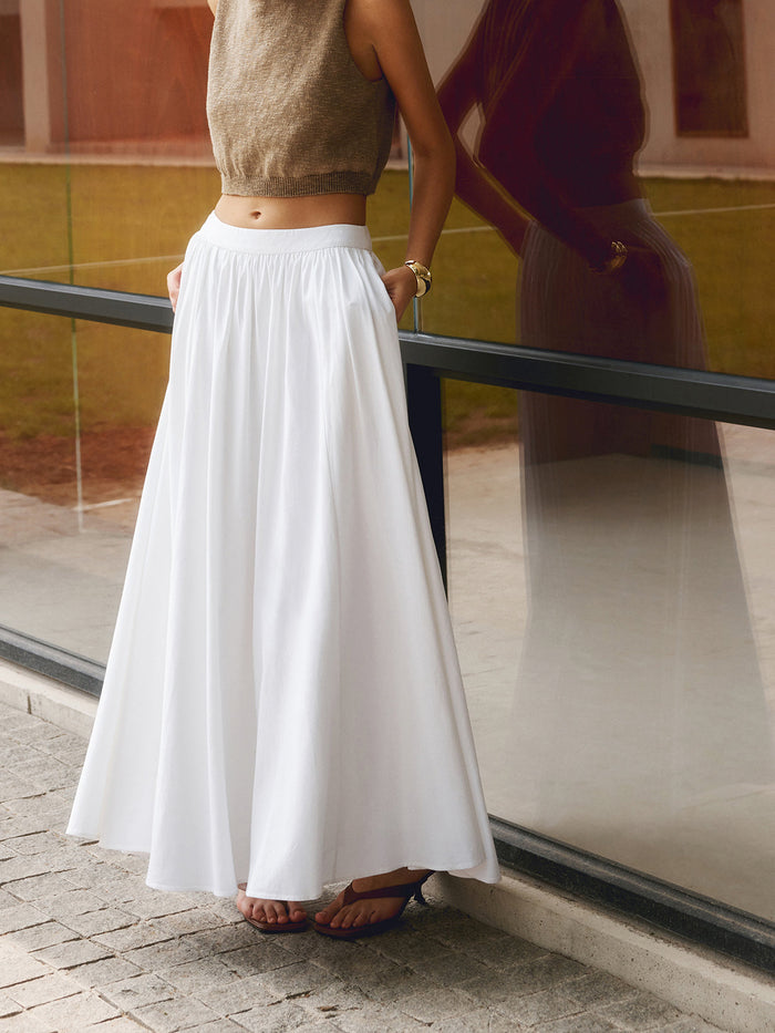 Florence | Women's High Waist Pleated A-Line Maxi Skirt with Pockets