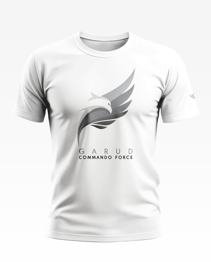 White men's t-shirt with Garud Commando Force eagle logo and modern army-inspired graphic