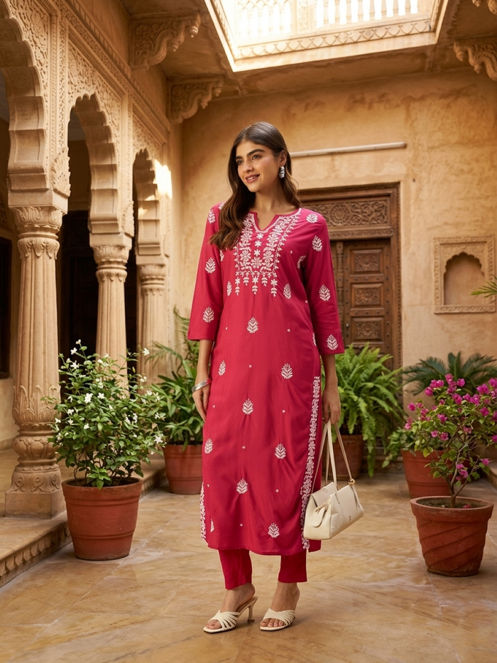 Fuchsia Floral Embroidered Straight Kurta