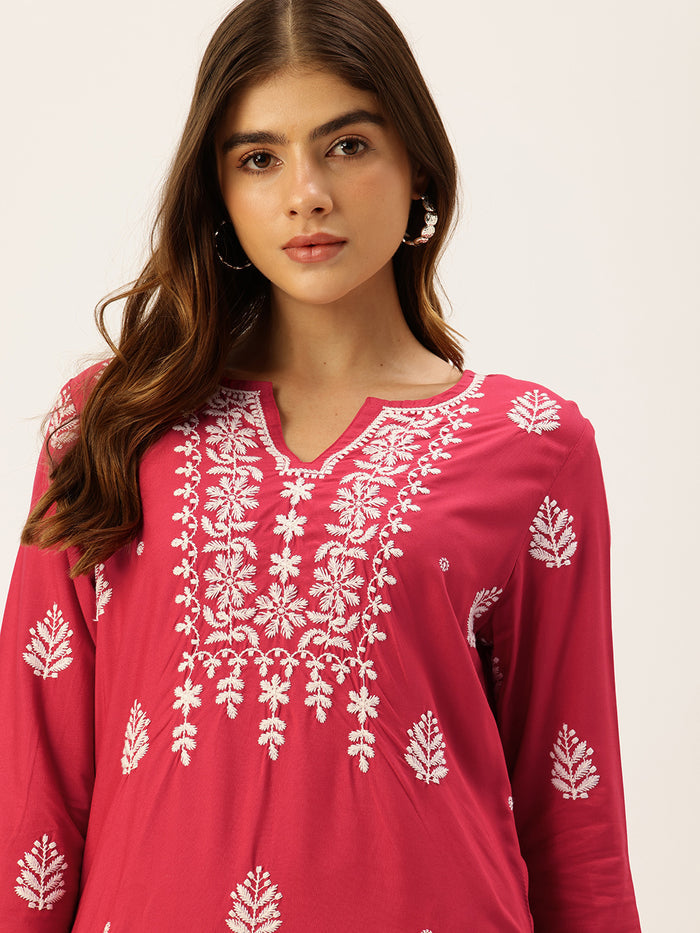 Fuchsia Floral Embroidered Straight Kurta