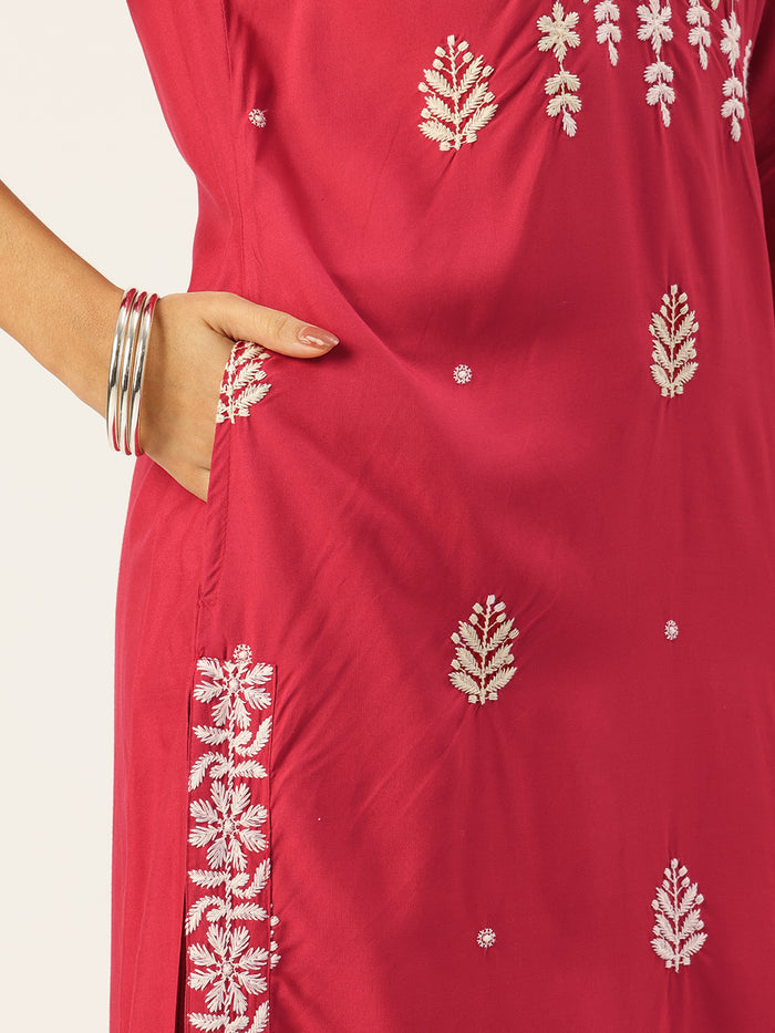 Fuchsia Floral Embroidered Straight Kurta