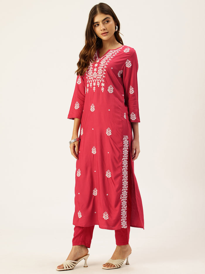 Fuchsia Floral Embroidered Straight Kurta