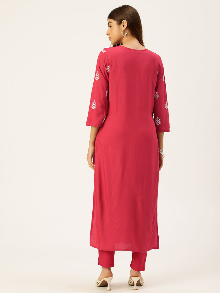 Fuchsia Floral Embroidered Straight Kurta