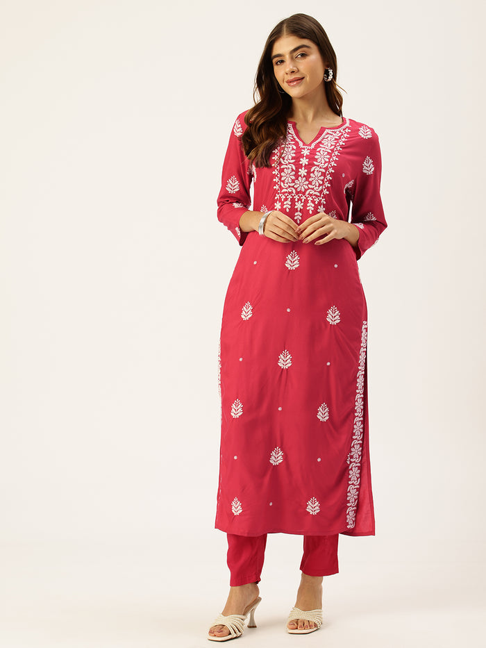Fuchsia Floral Embroidered Straight Kurta