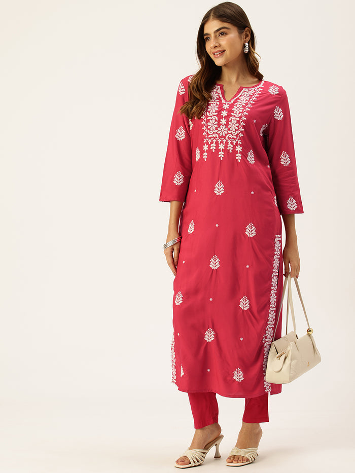 Fuchsia Floral Embroidered Straight Kurta