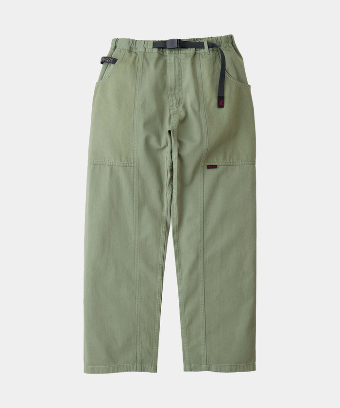 Sage colored Gramicci Gadget Pant with a belt against a light-tone background.