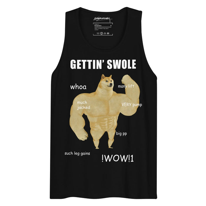Set on deep obsidian black, a viral Shiba Inu meme head sits atop a hyper-muscular bodybuilder physique (rendered in golden tan and biscuit beige). Contact us with accessibility feedback, we'd love to help!