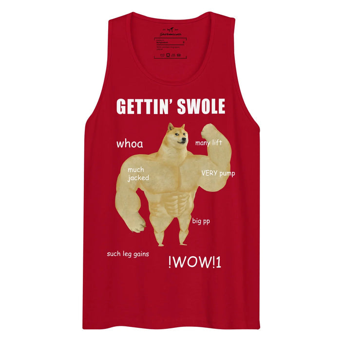 Gettin Swole Doge Men's Tank in Obsidian Iron Beige. WRAP Certified, Eco-Certified Inks, Made-to-Order (Zero Overproduction).