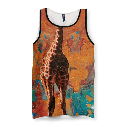 A surreal tank top design features a realistic giraffe (viewed from behind) with authentic cocoa brown and tawny beige spots, its long neck stretching vertically through the composition. Contact us with accessibility feedback, we'd love to help!