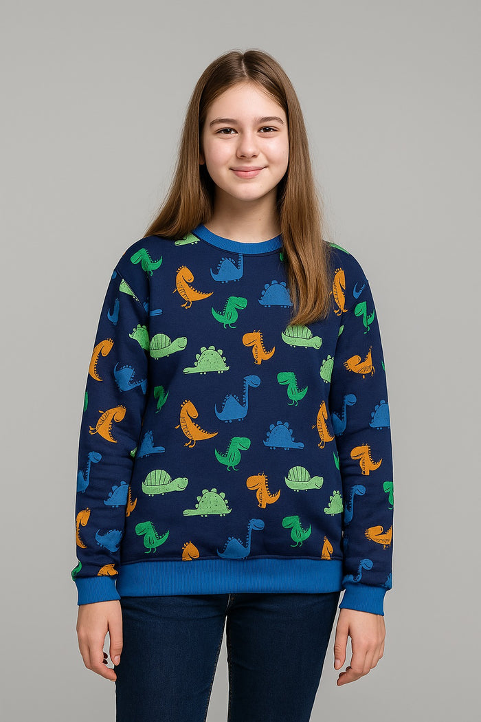 Girls Blue Dinosaur Print Sweatshirt – Soft Cotton Fleece - Hinz Clothing
