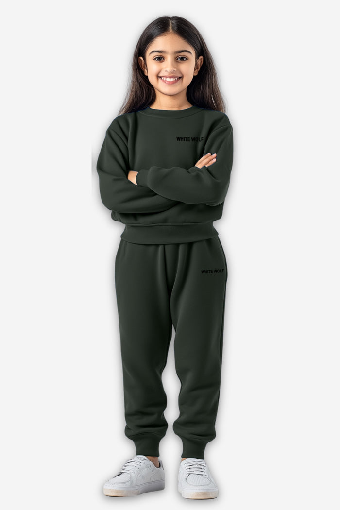 Girls Fleece Tracksuit – Solid Dark Green Winter Wear - Hinz Clothing