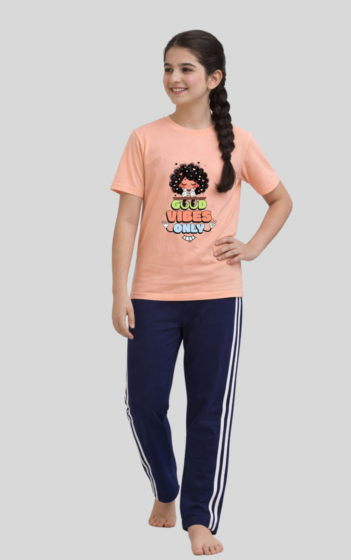 Girls Peach Printed T-Shirt with Navy Stripe Trouser - Hinz Clothing